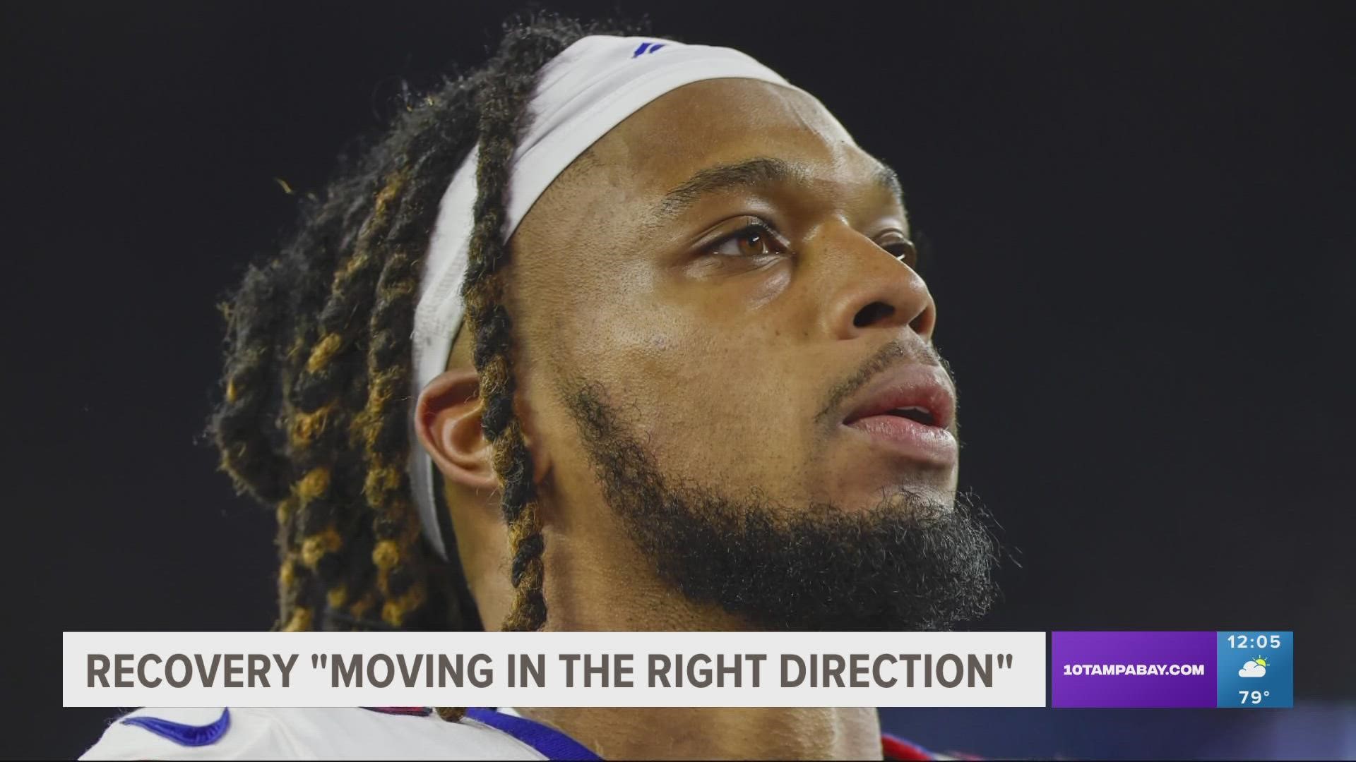 Damar Hamlin’s recovery is moving in “a positive direction” two days after the Buffalo Bills safety collapsed and went into cardiac arrest during a game.