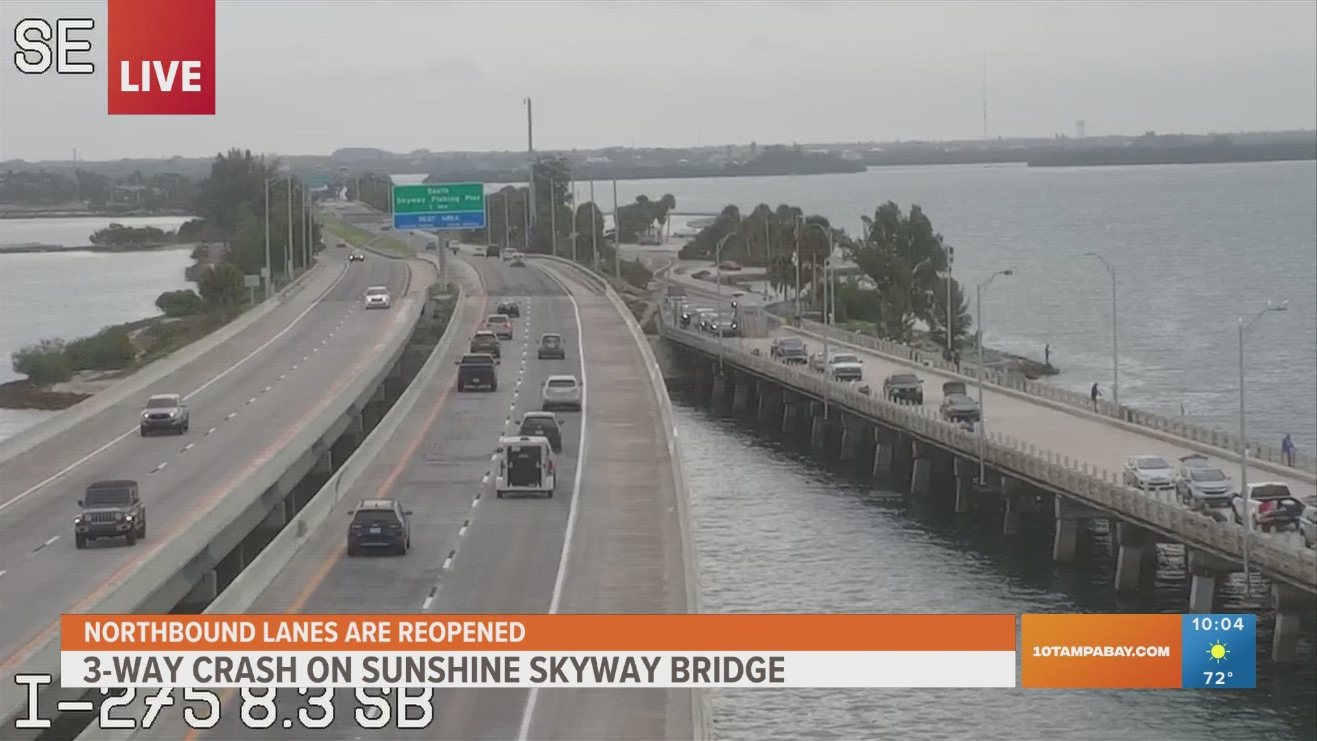 A three-car crash on the Sunshine Skyway Bridge blocked traffic for hours Saturday morning.
