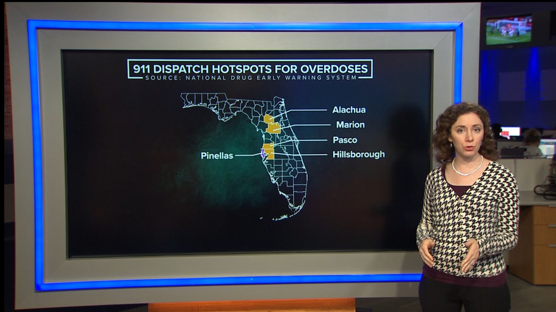 Three out of the five Florida counties lighting up as overdose dispatch “hotspots” are in the Tampa Bay area, according to the National Drug Early Warning System.