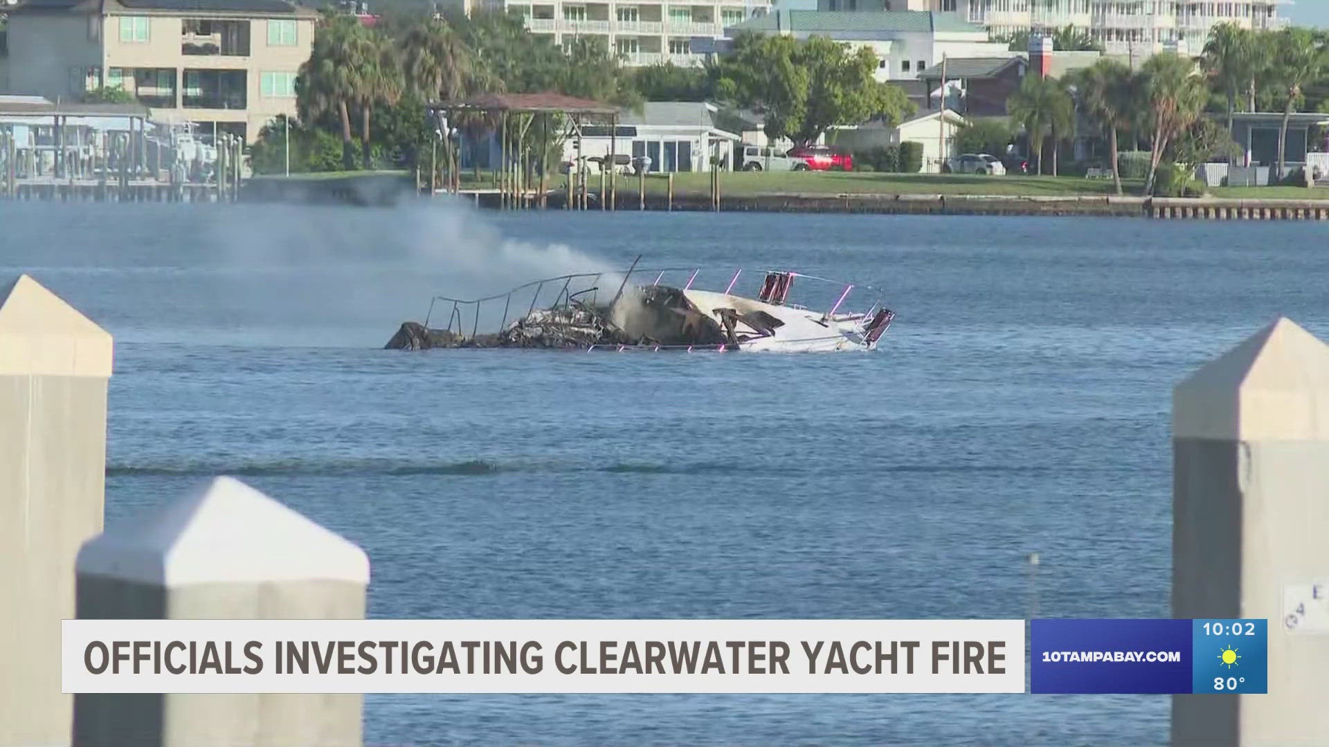 Clearwater first responders are putting out a fire on a large boat near Coachman Park on Saturday morning.