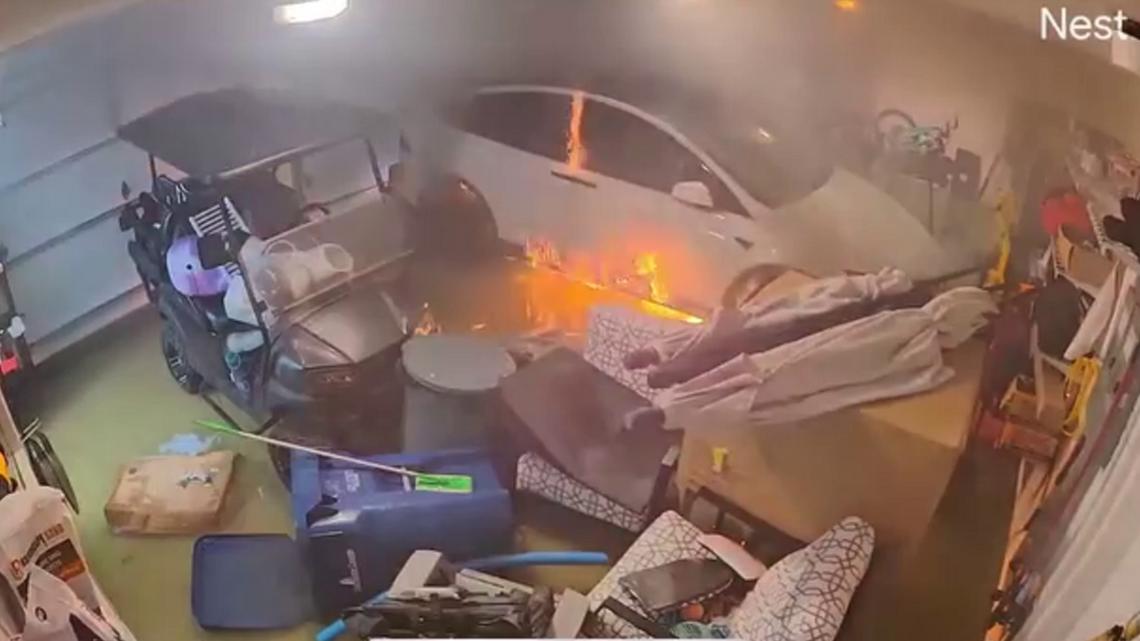 Video shows Tesla catching fire inside Pinellas County garage
