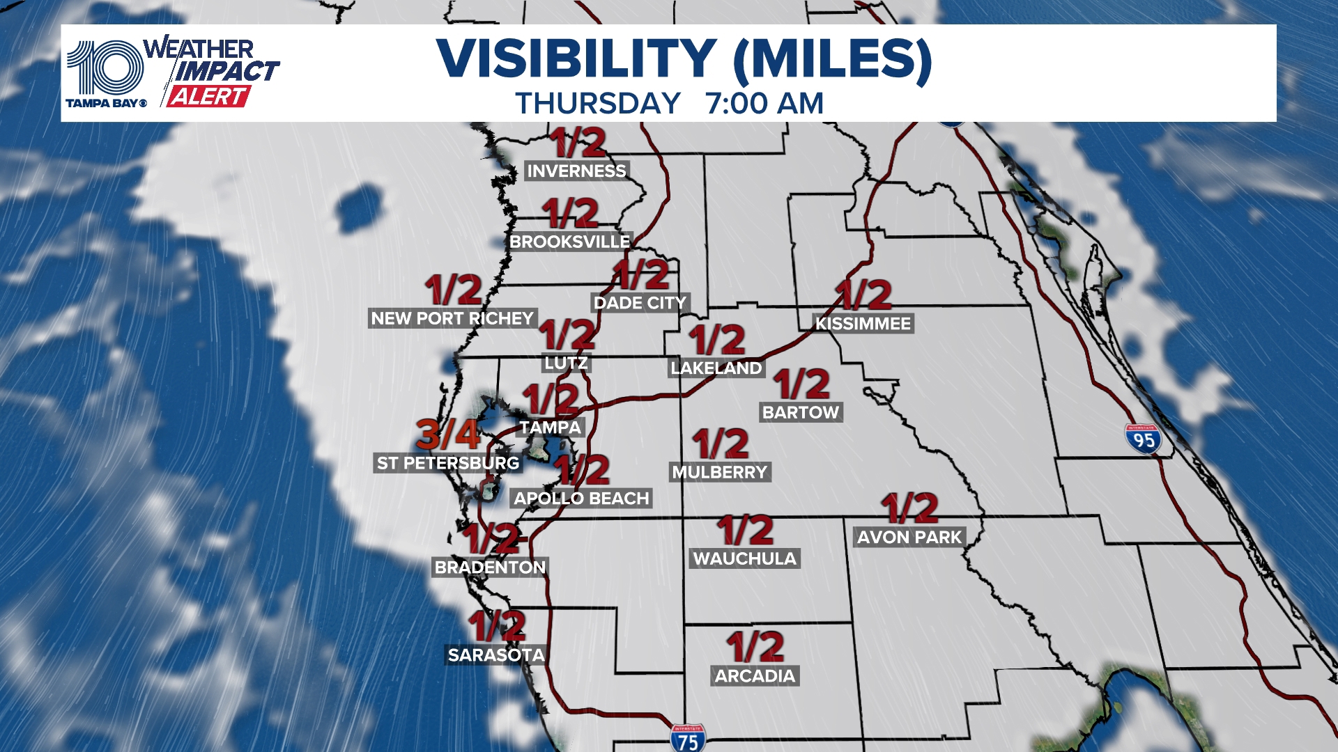 A dense fog advisory has been issued for the entire Tampa Bay area until 9 a.m. Here's a live look at conditions over the Sunshine Skyway Bridge.