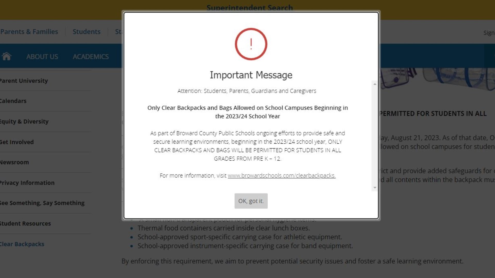 Broward County students required to bring clear, transparent bags