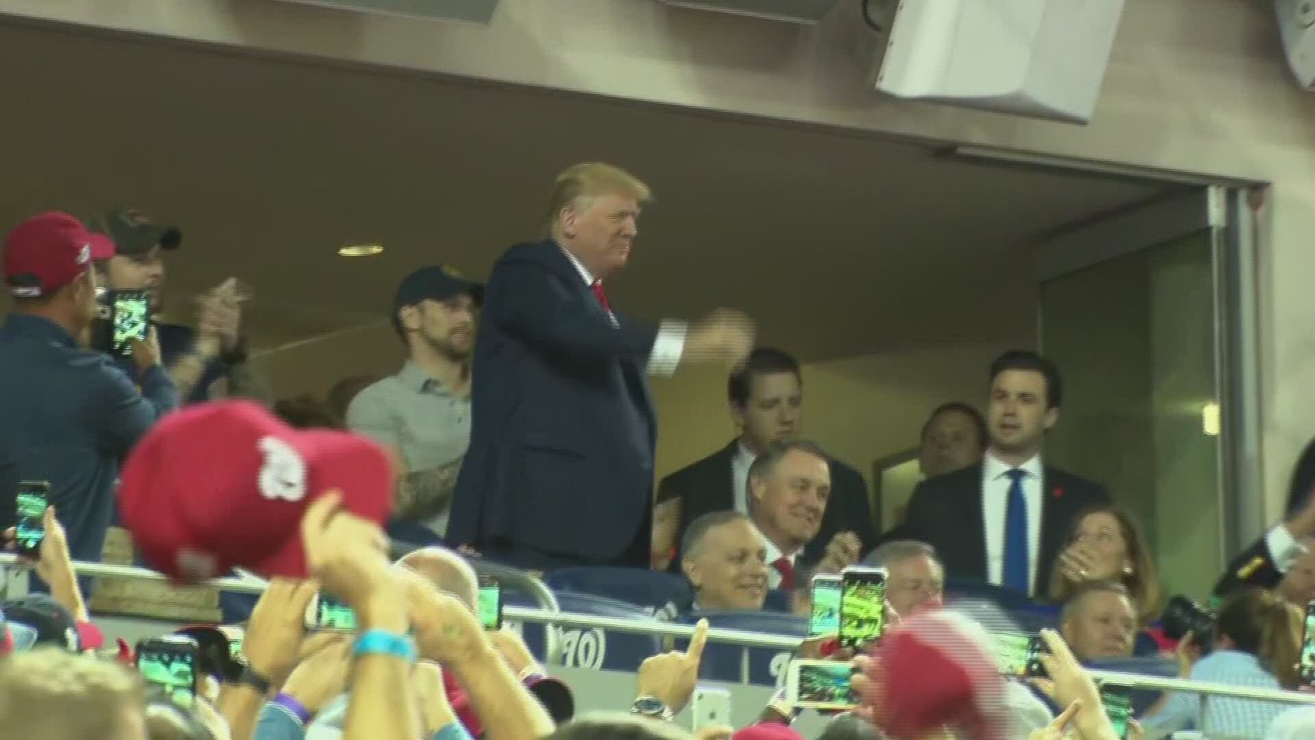 President Donald Trump attends Game 5 of the World Series at Nationals Park.