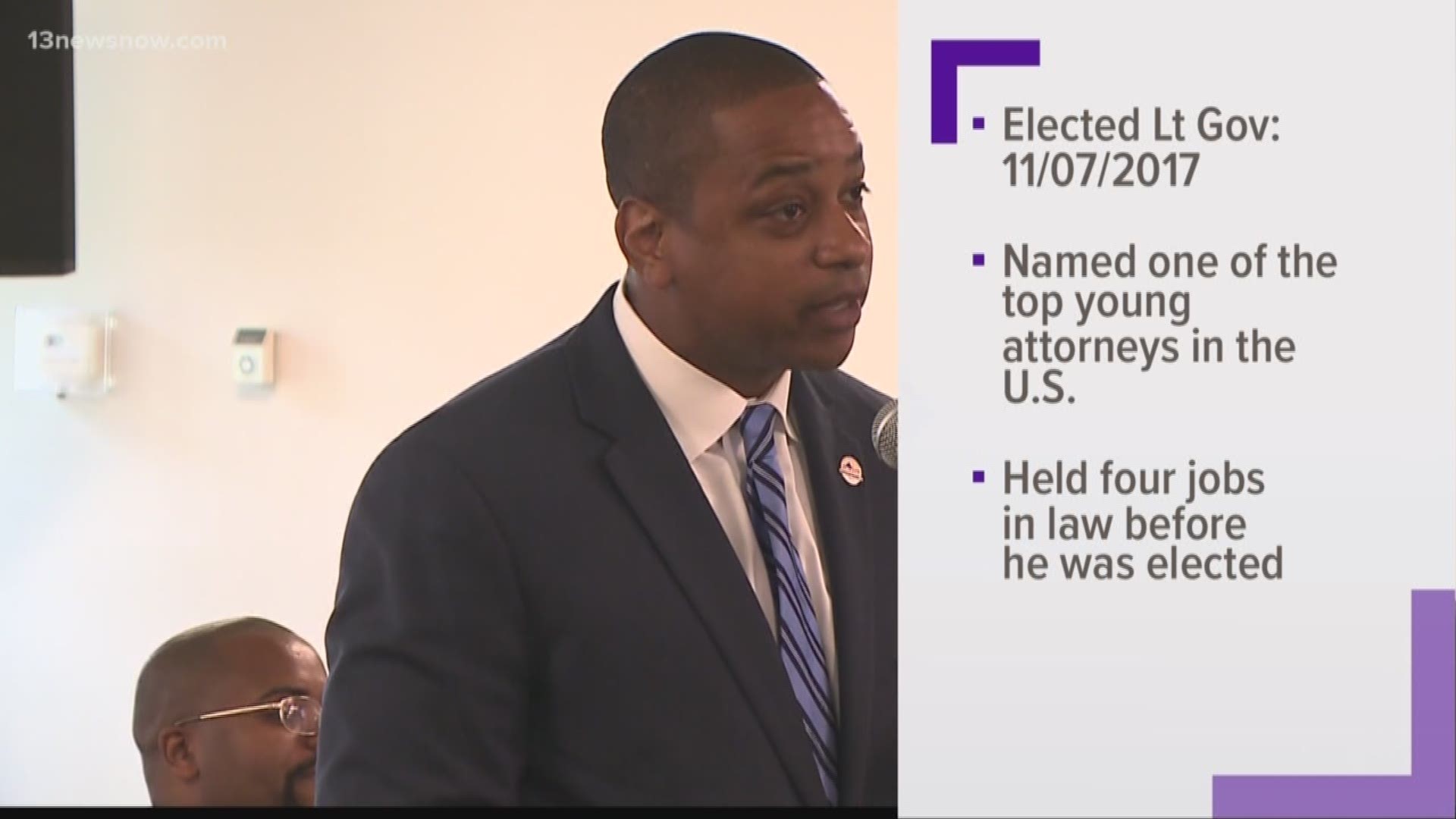 The next in line for governor in Virginia is Lieutenant Governor Justin Fairfax.