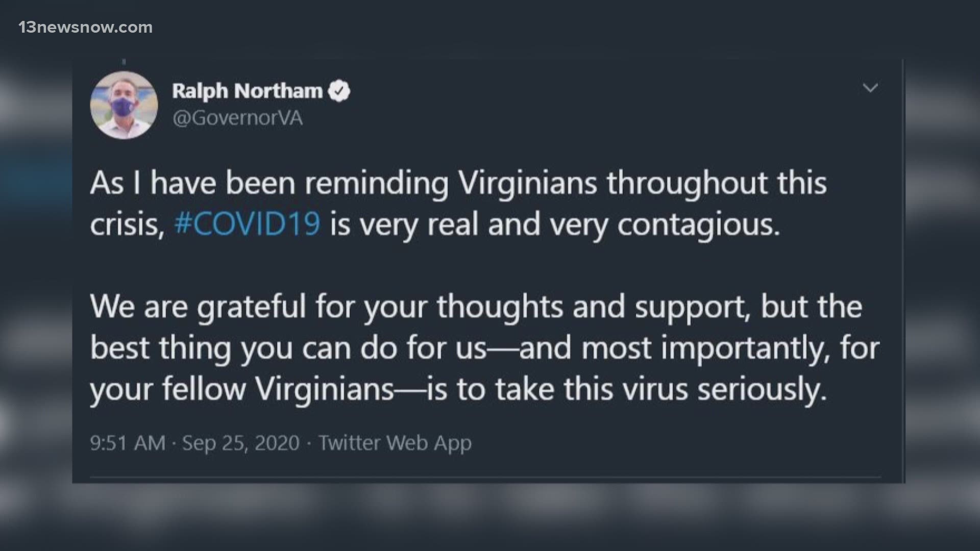 Northam asked Virginians to "take this virus seriously." He tested positive just after visiting Hampton - and now, Mayor Donnie Tuck plans to get tested.